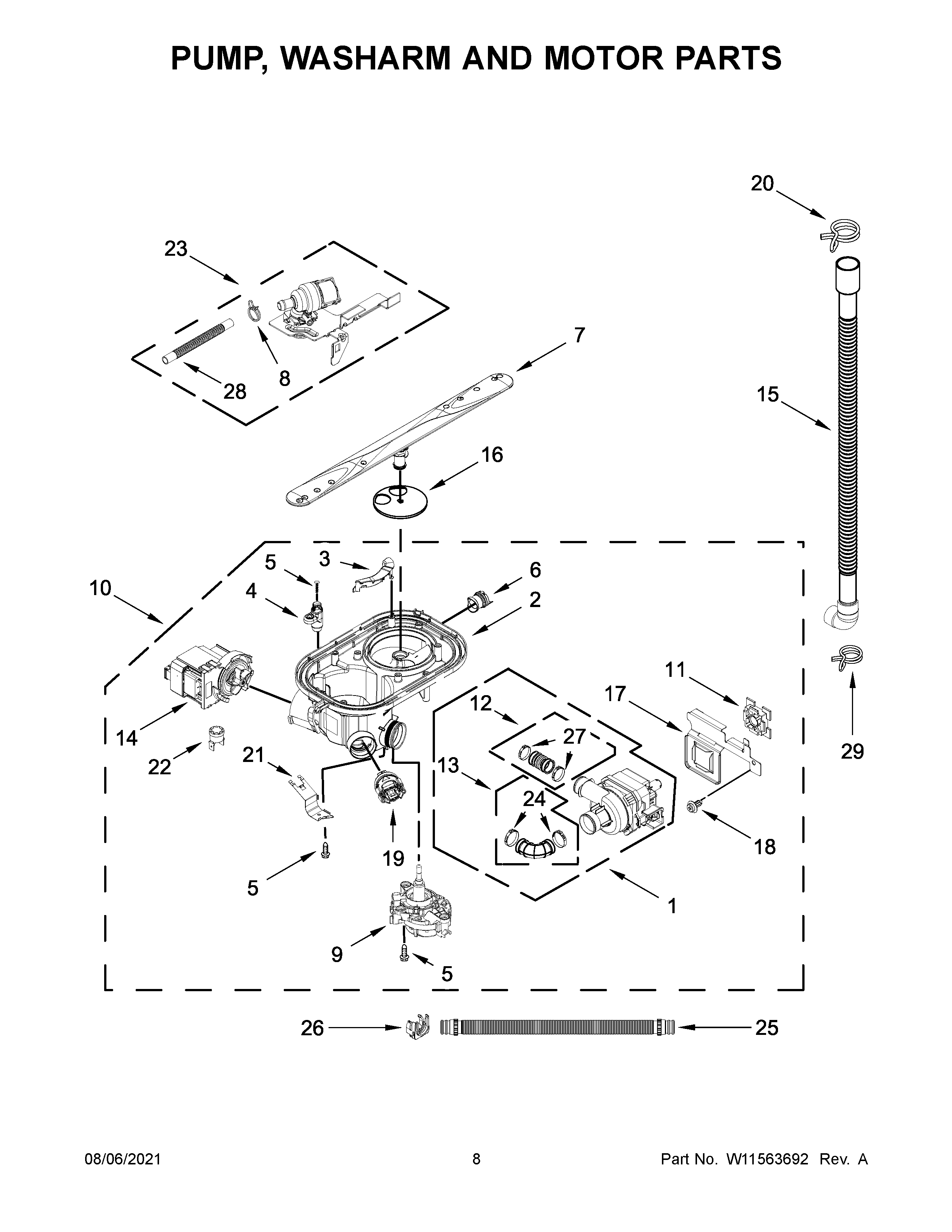 Pump, washarm and motor parts