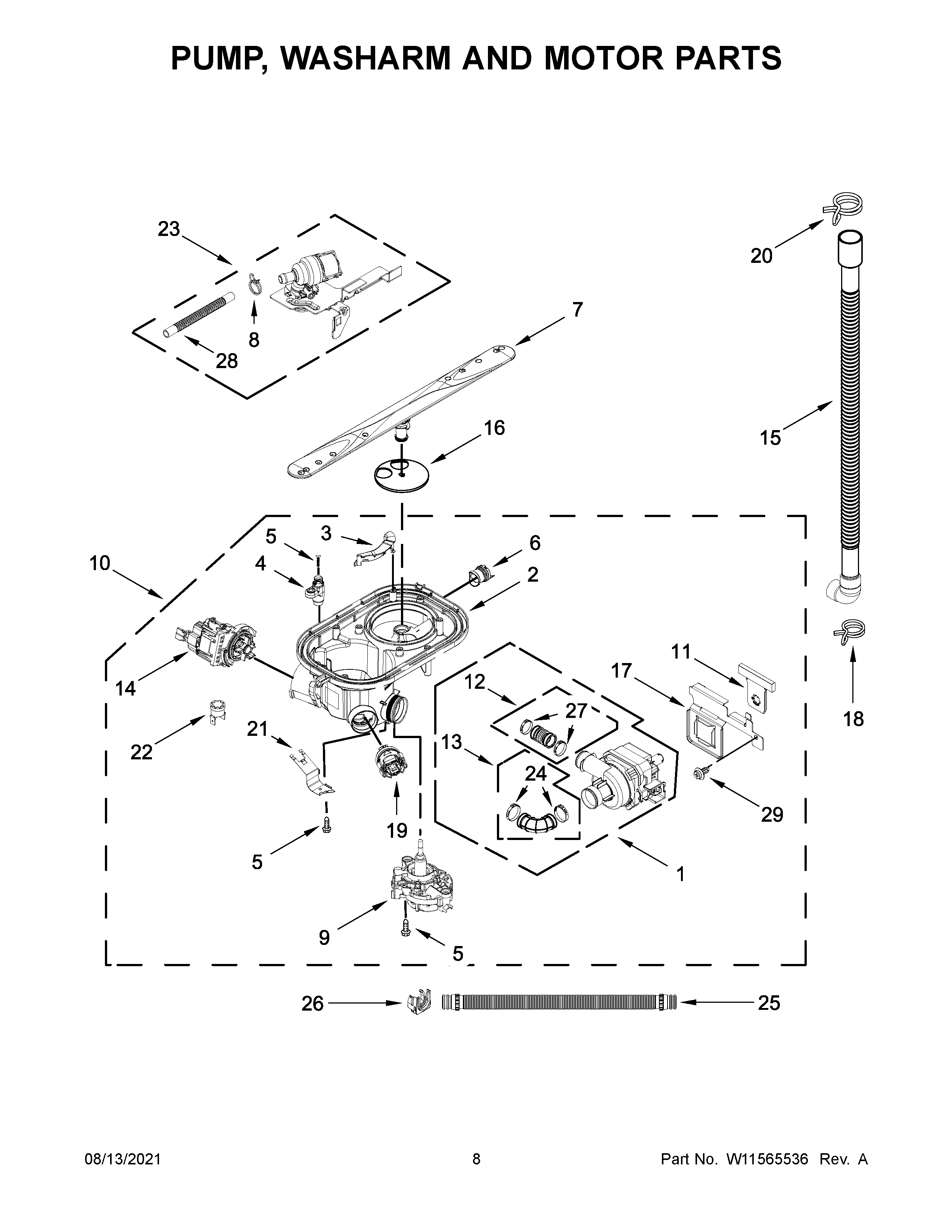 Pump, washarm and motor parts
