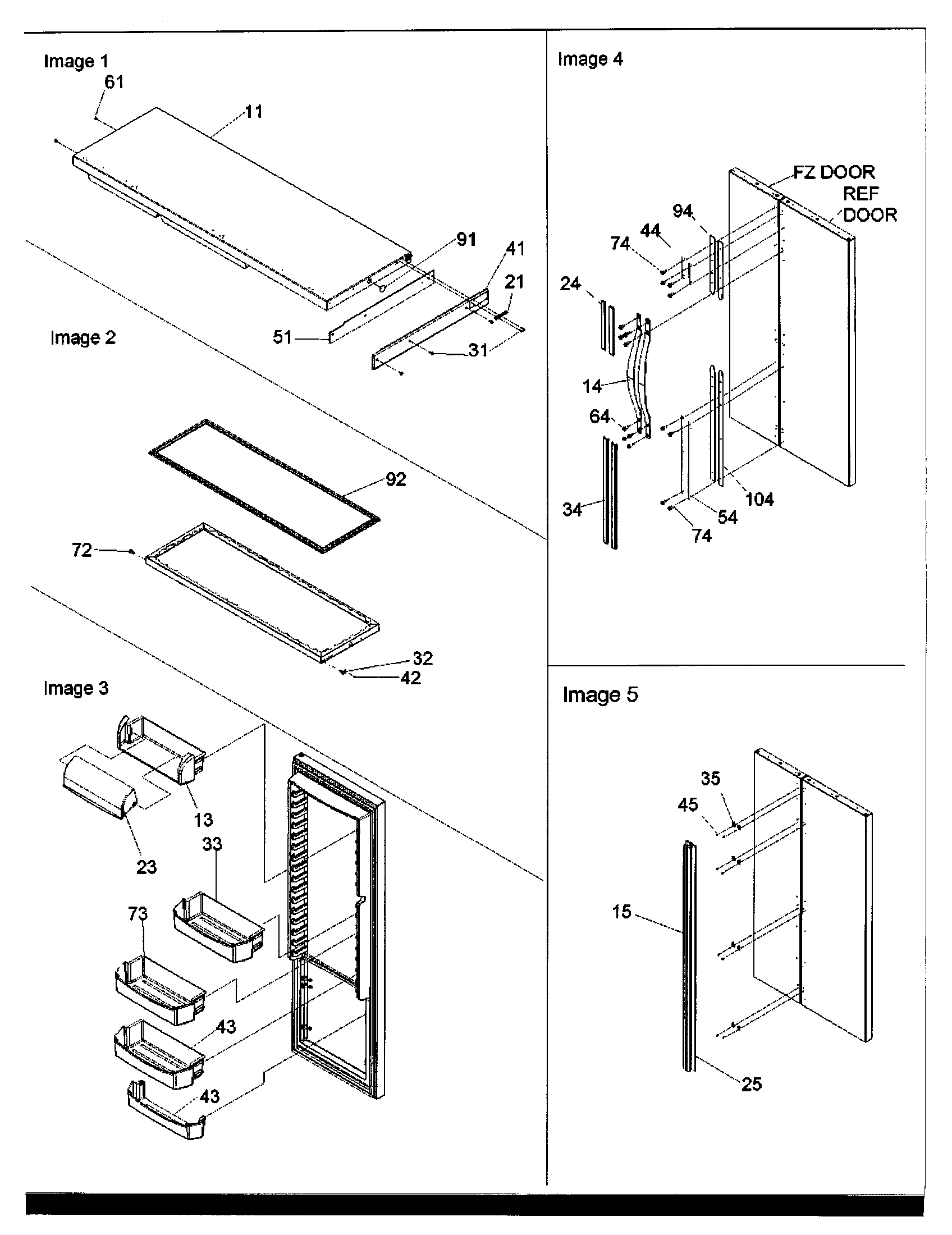 Refrigerator door, trim and handles