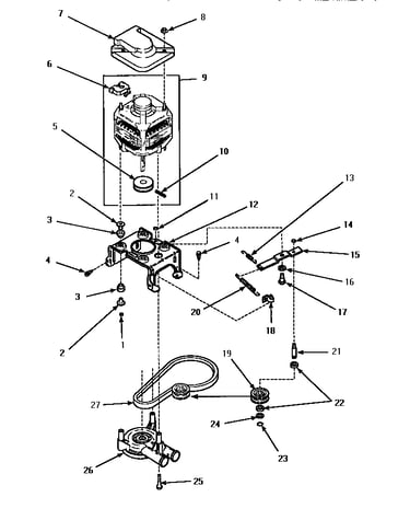 Motor, mtg brkt, belt, pump & idler assy
