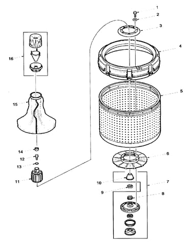 Agitator, drive bell, washtub and hub