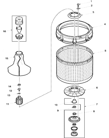 Agitator, drive bell, washtub and hub