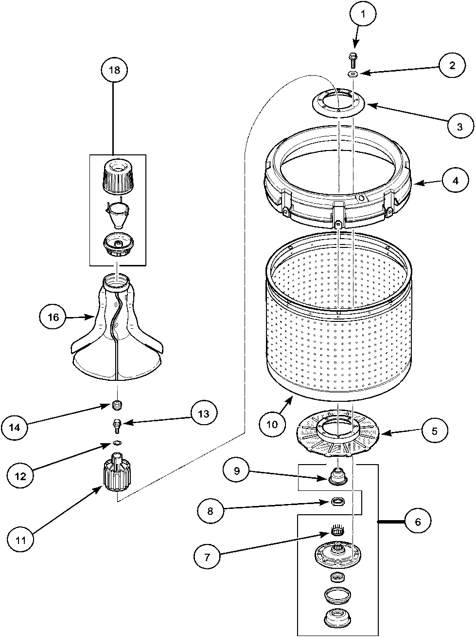 Agitator, drive bell  and wash tub
