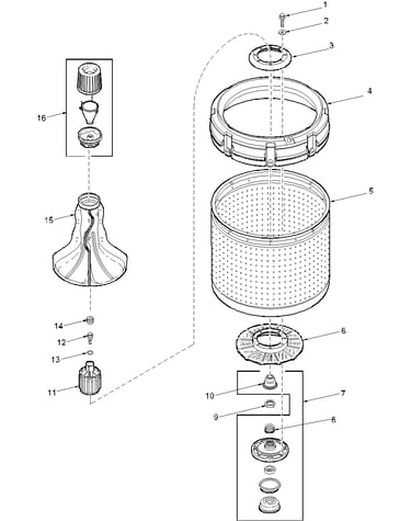 Agitator, drive bell, washtub and hub