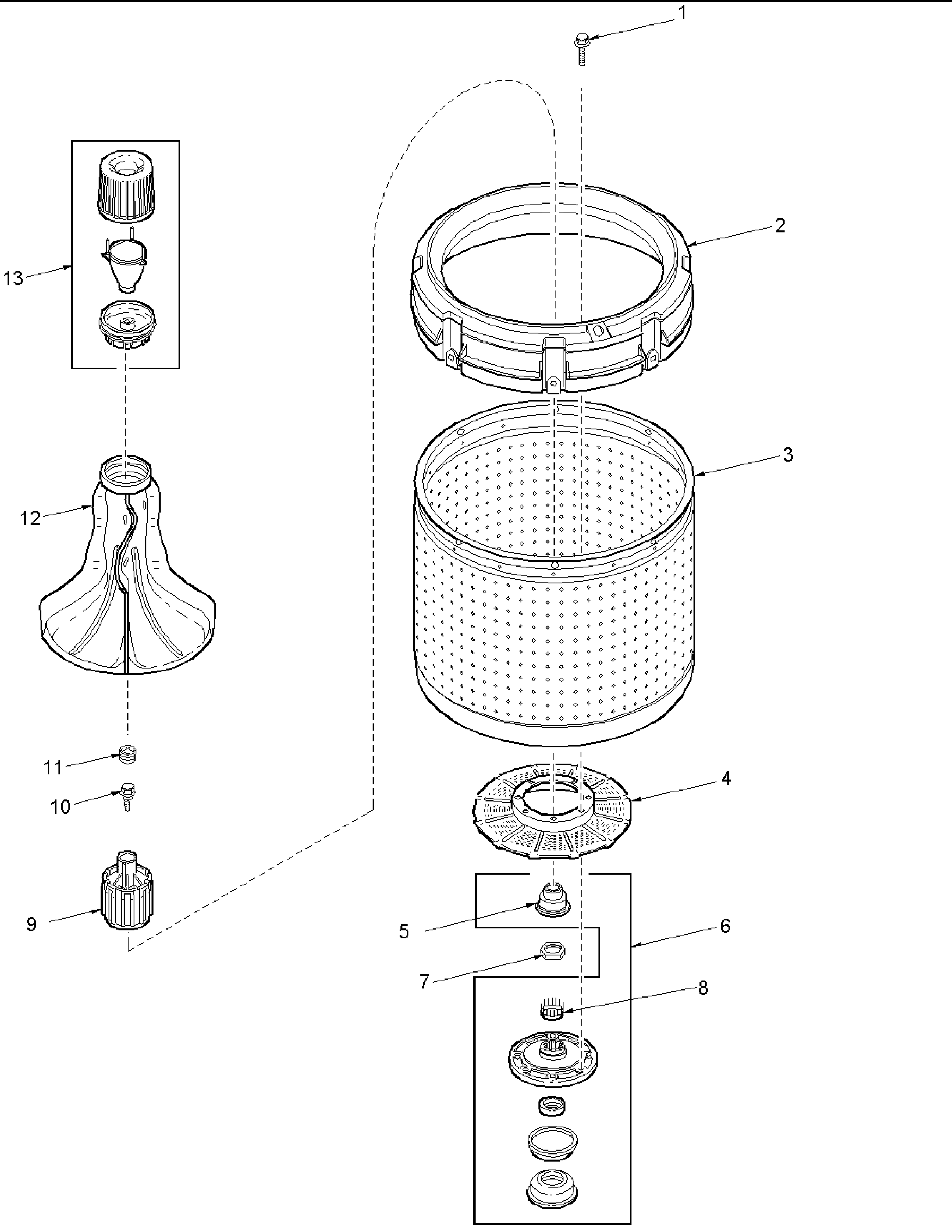 AGITATOR, DRIVE BELL, WASHTUB AND HUB