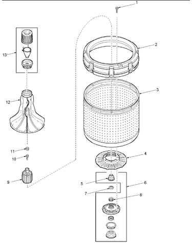 Agitator, drive bell, washtub and hub