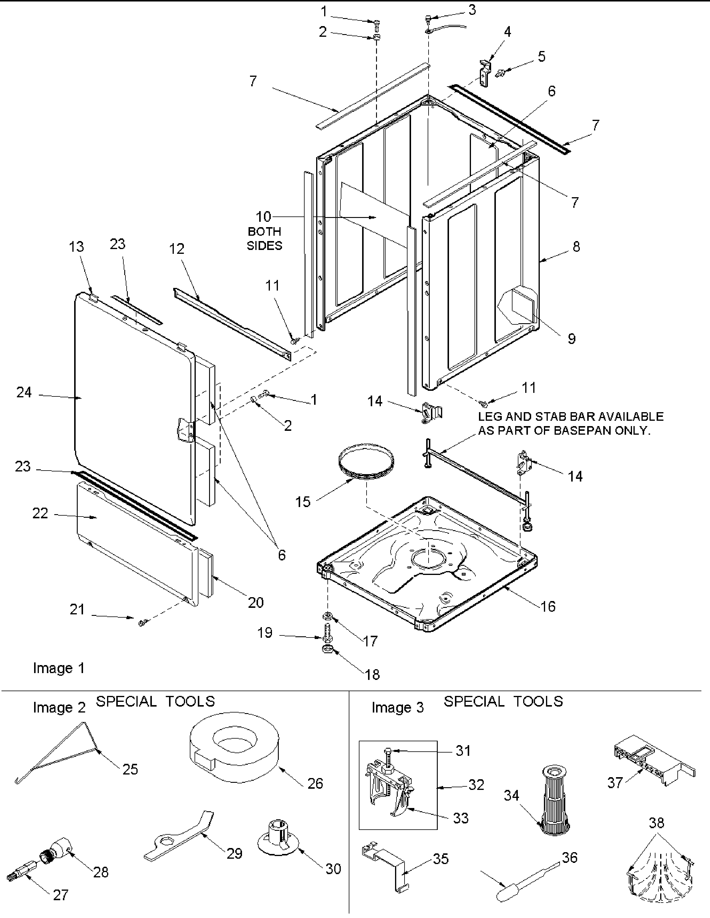 Base, cabinet, front and special tools