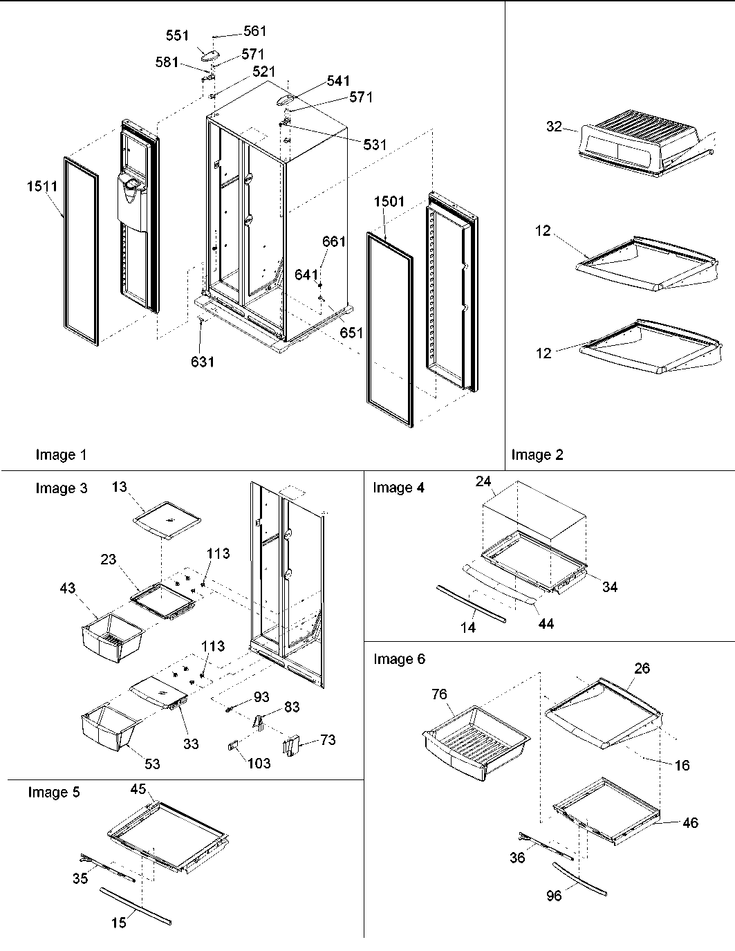Hinges, & refrigerator shelving