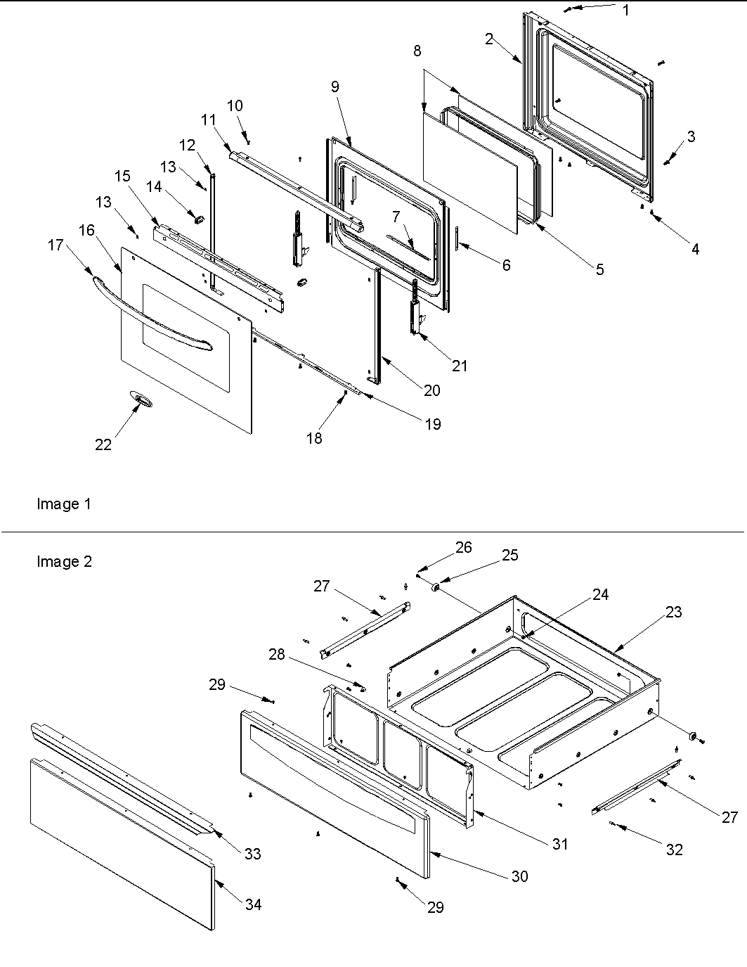 Oven door and storage drawer