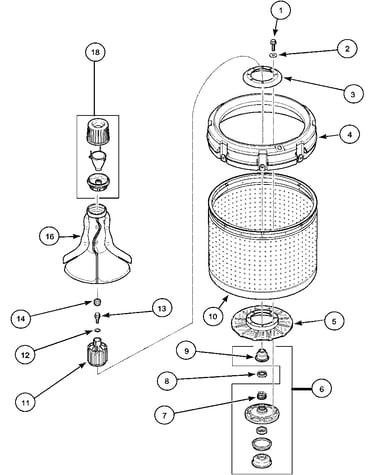 Agitator, drive bell  and wash tub