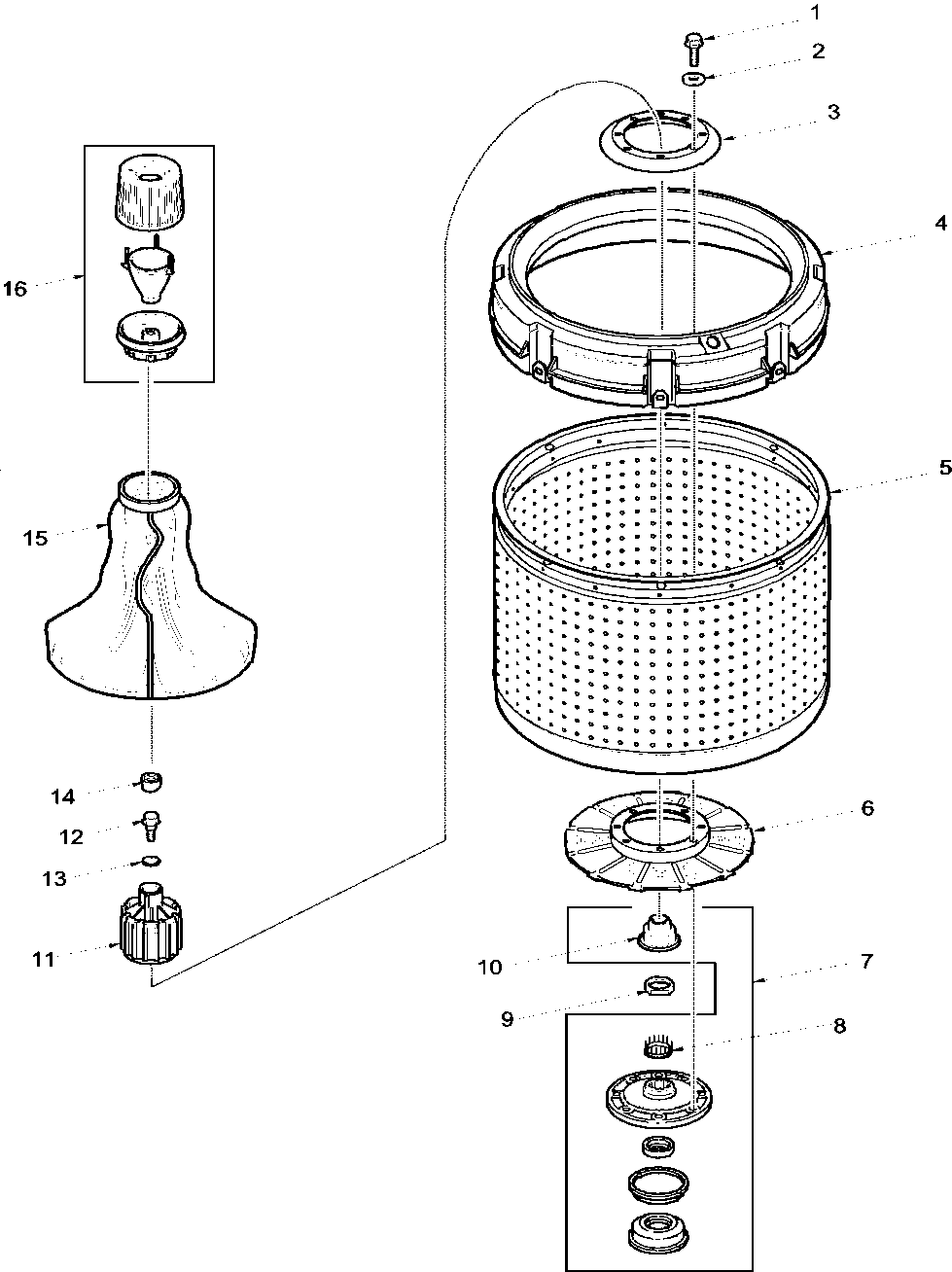 Agitator, drive bell, washtub and hub