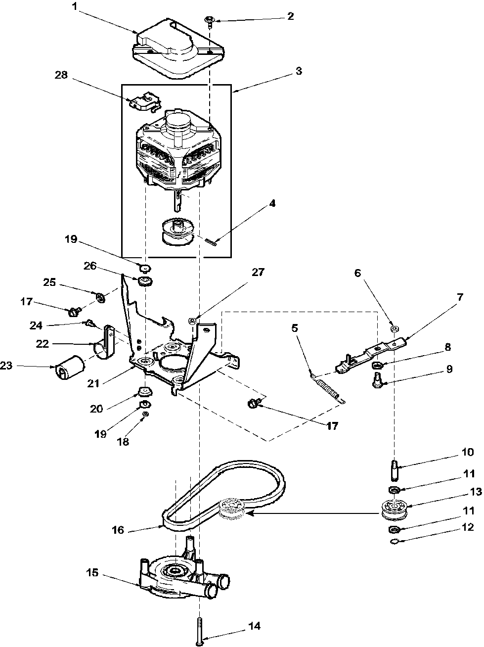 Motor, belt, pump, and idler assy