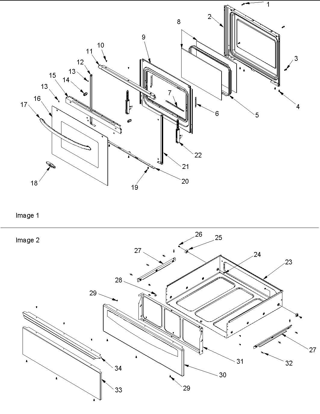 Oven door and storage drawer