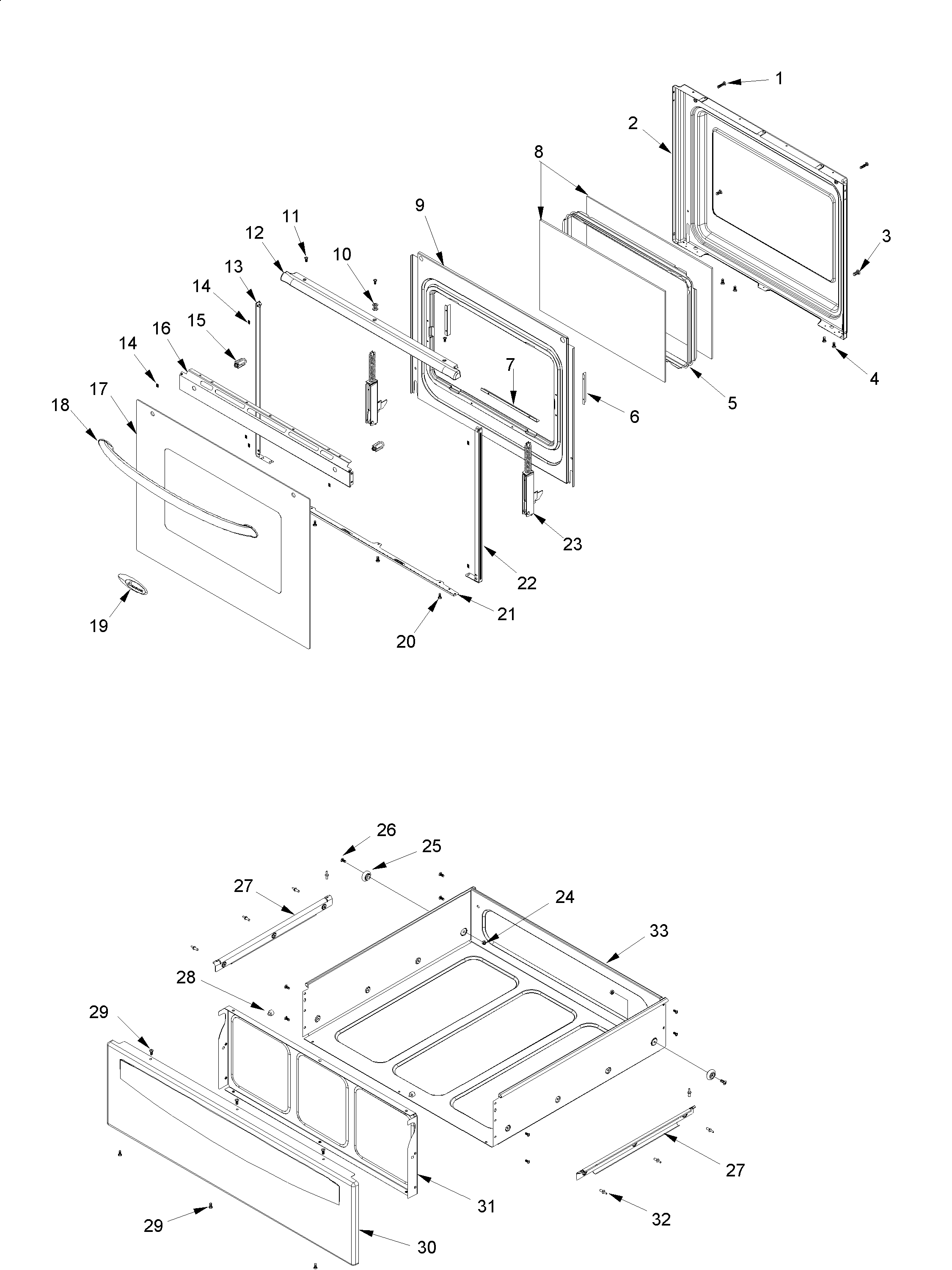 Oven door and storage drawer