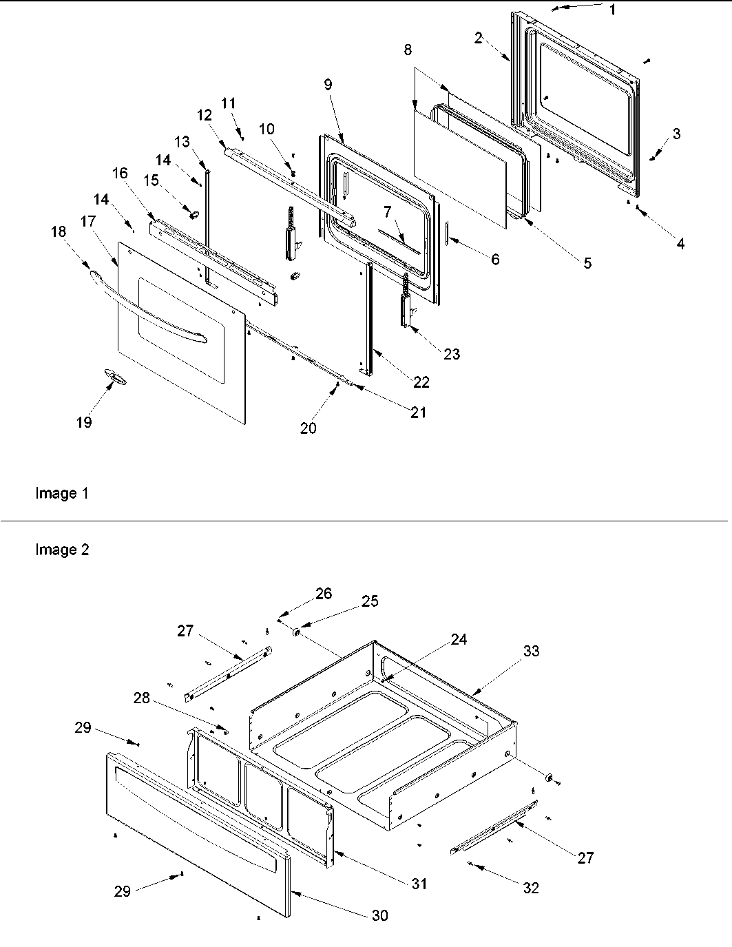 Oven door and storage drawer