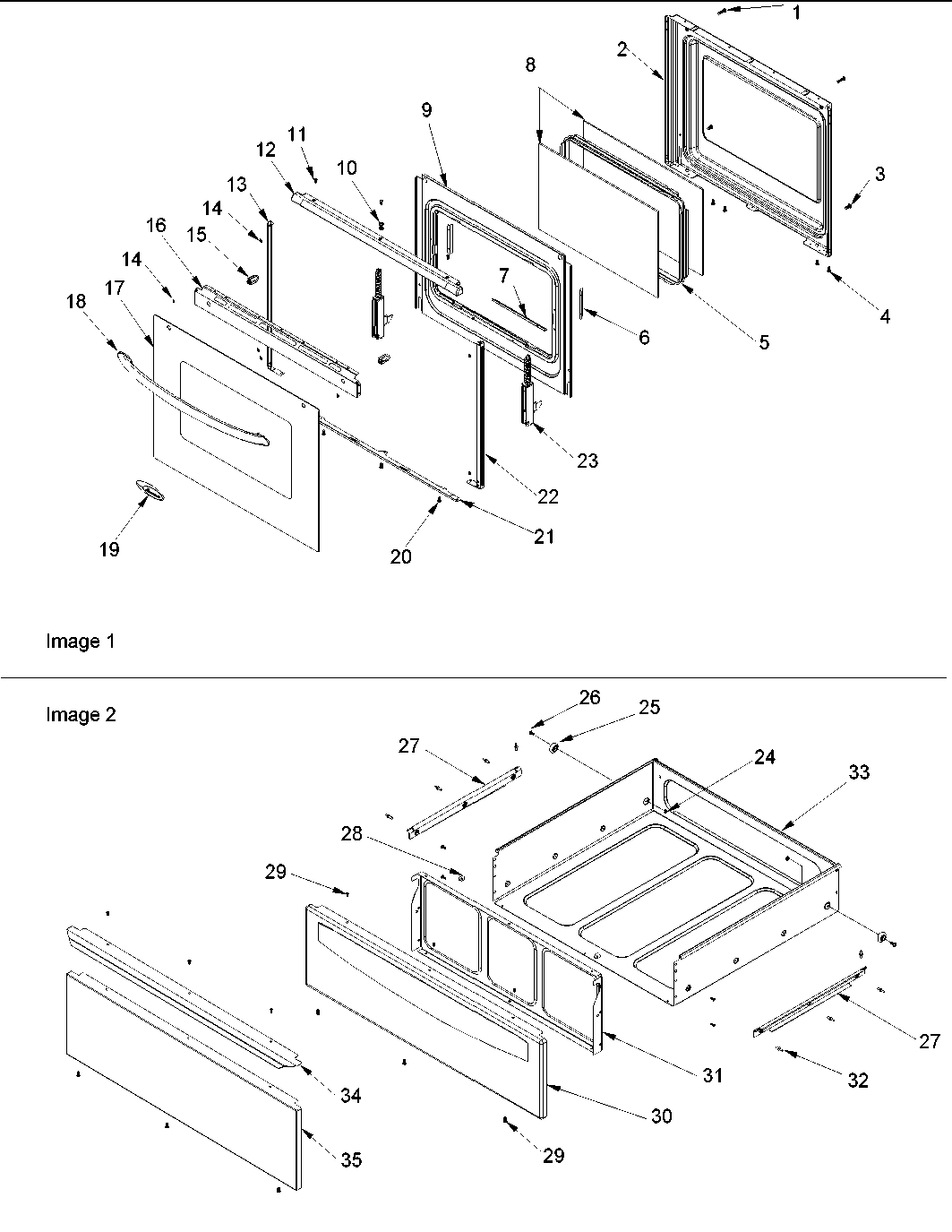 Oven door and storage drawer