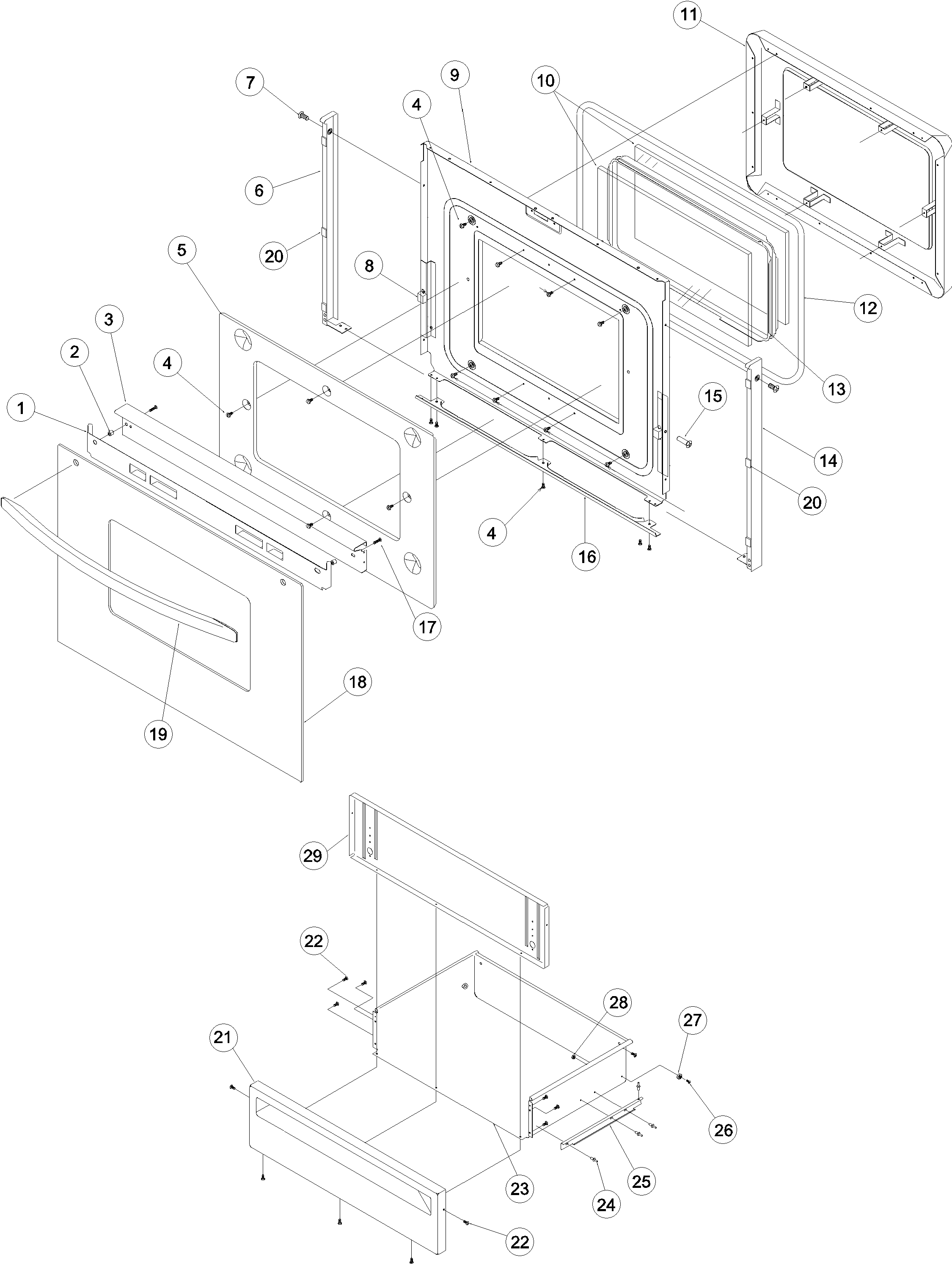 Oven door and storage drawer