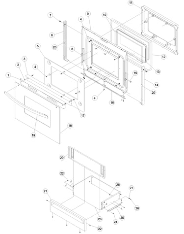 Oven door and storage drawer