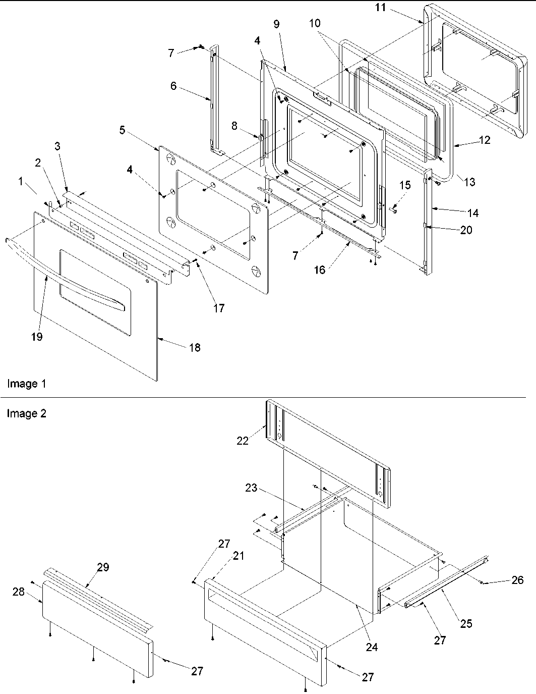 Oven door and storage drawer