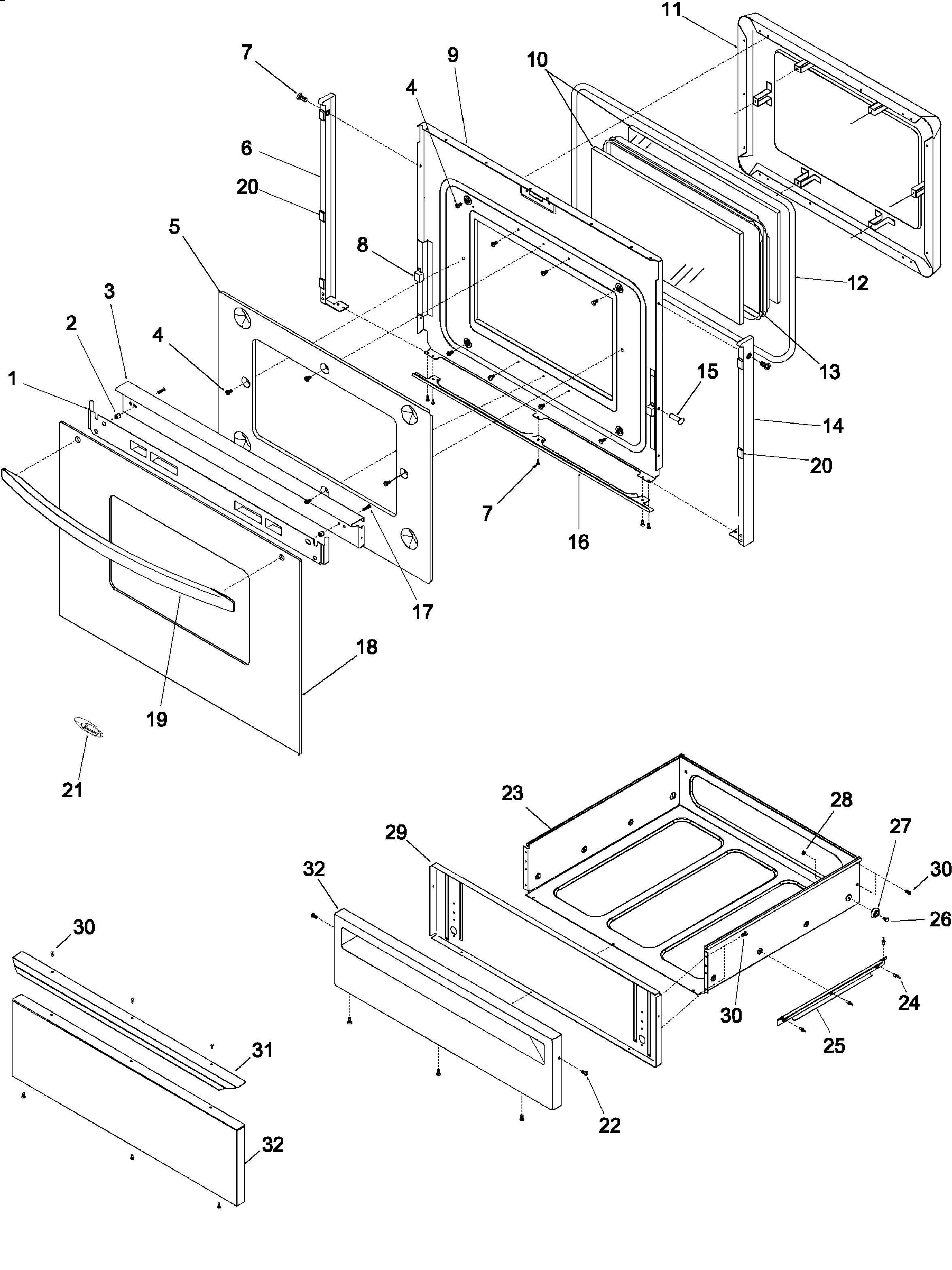 OVEN DOOR AND STORAGE DRAWER