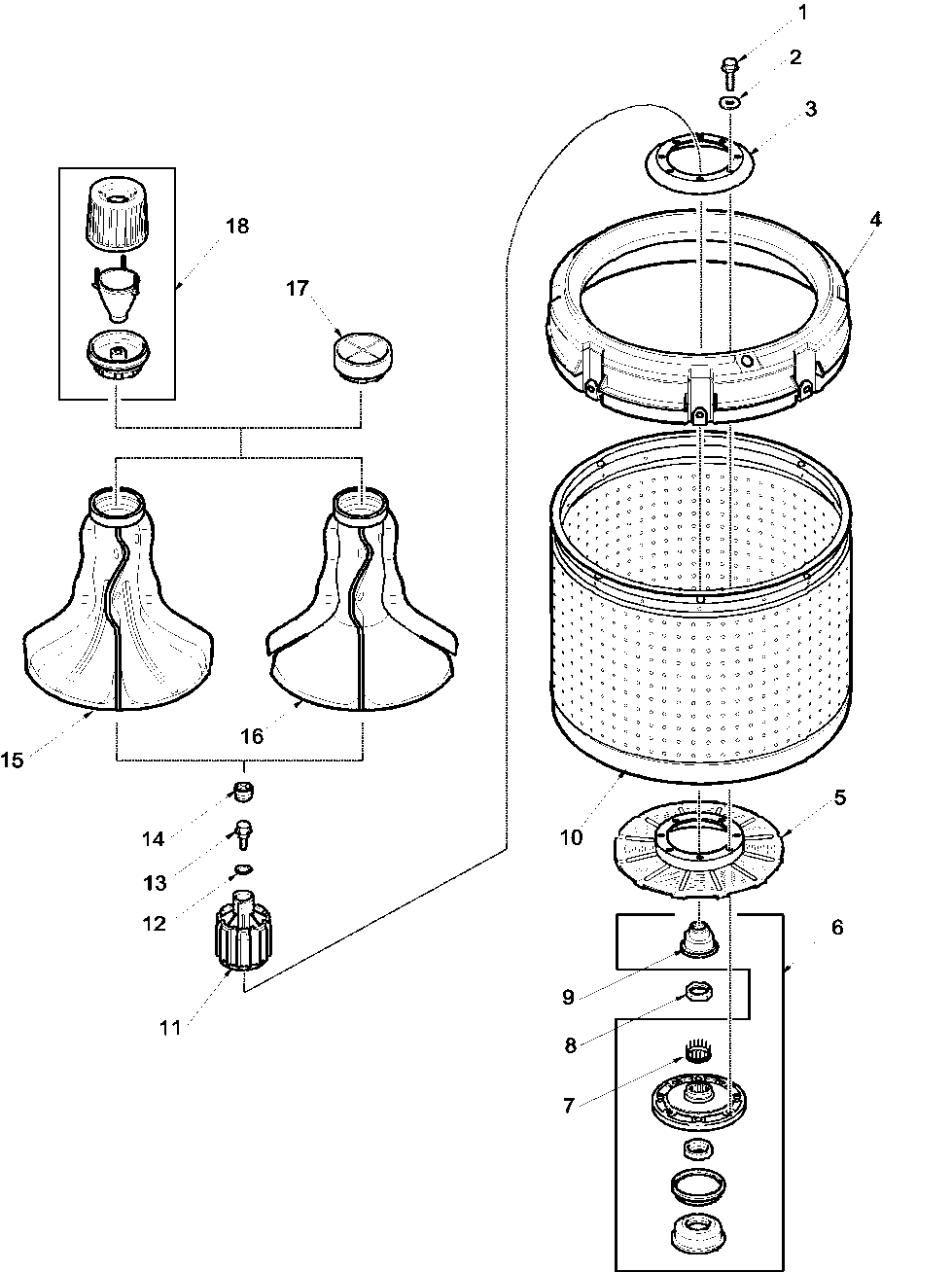 Agitator, drive bell, washtub and hub