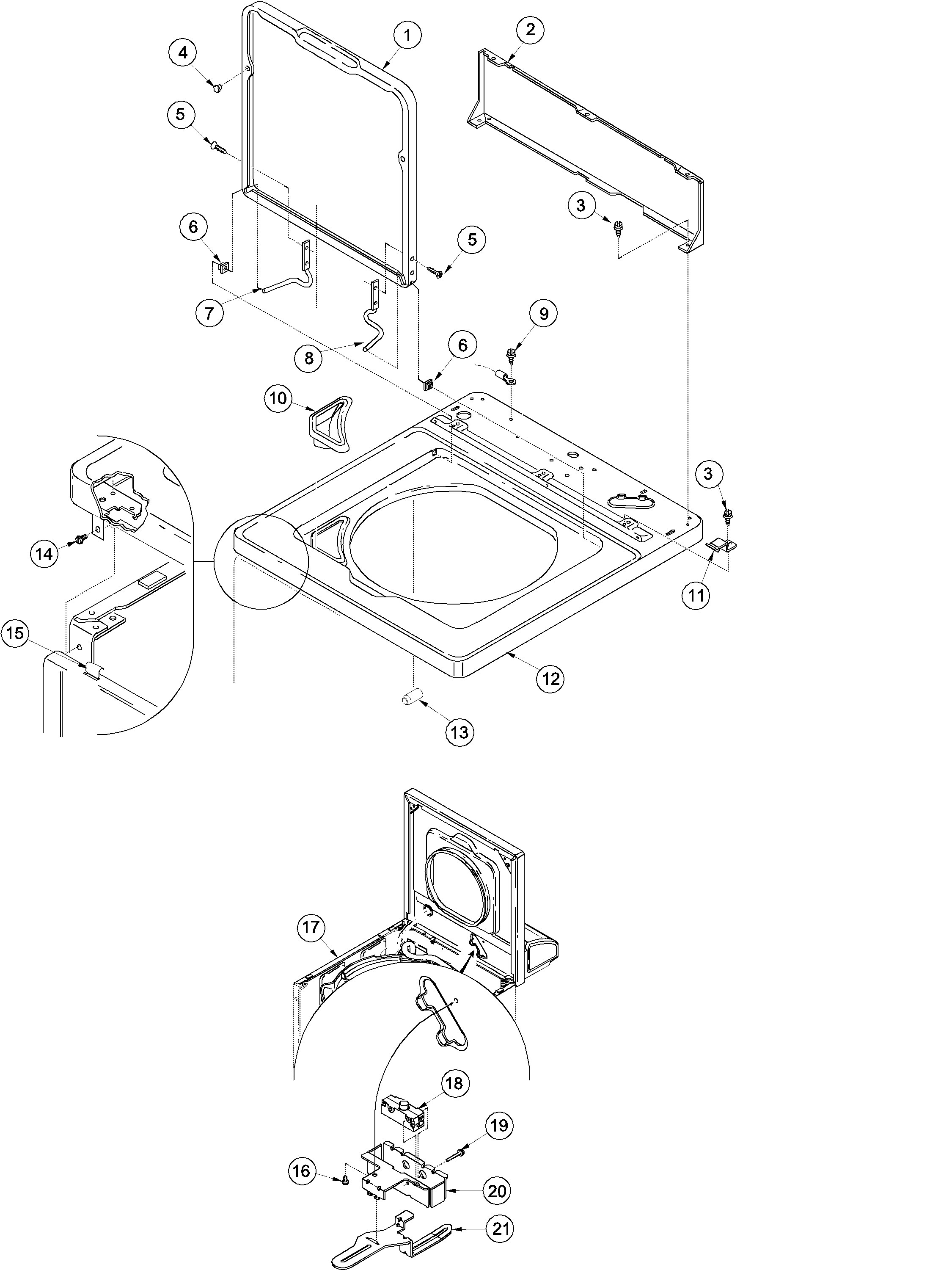 Cabinet top, door, and door switch