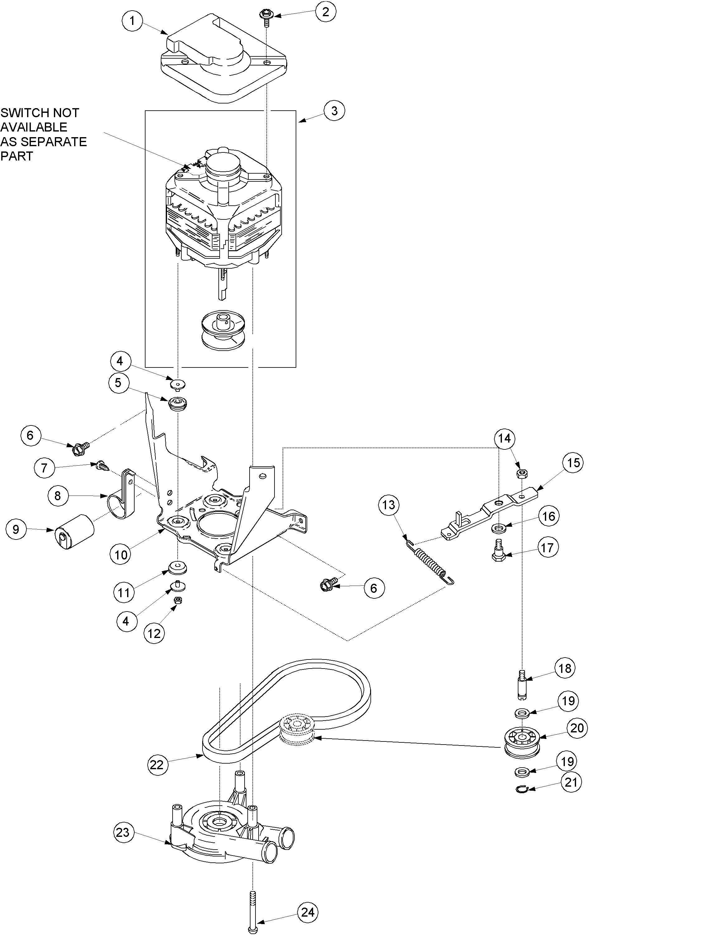 Motor, belt, pump, and idler assy