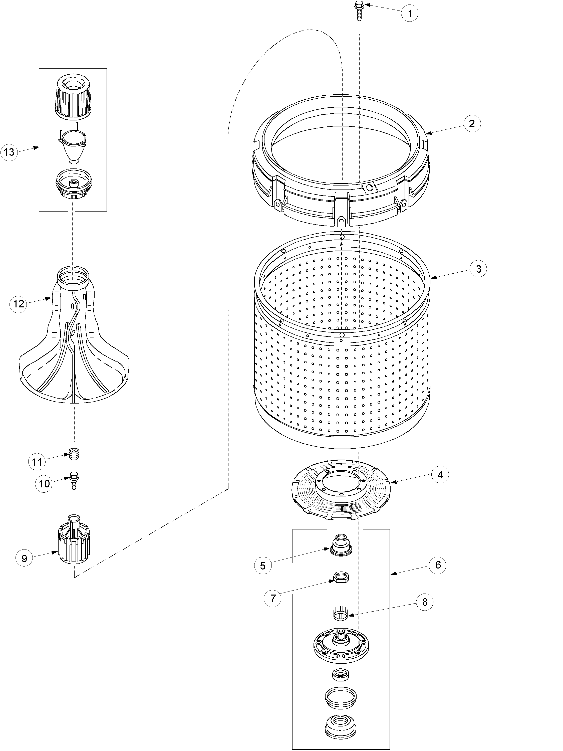 Agitator, drive bell, washtub and hub