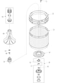 Agitator, drive bell, washtub and hub