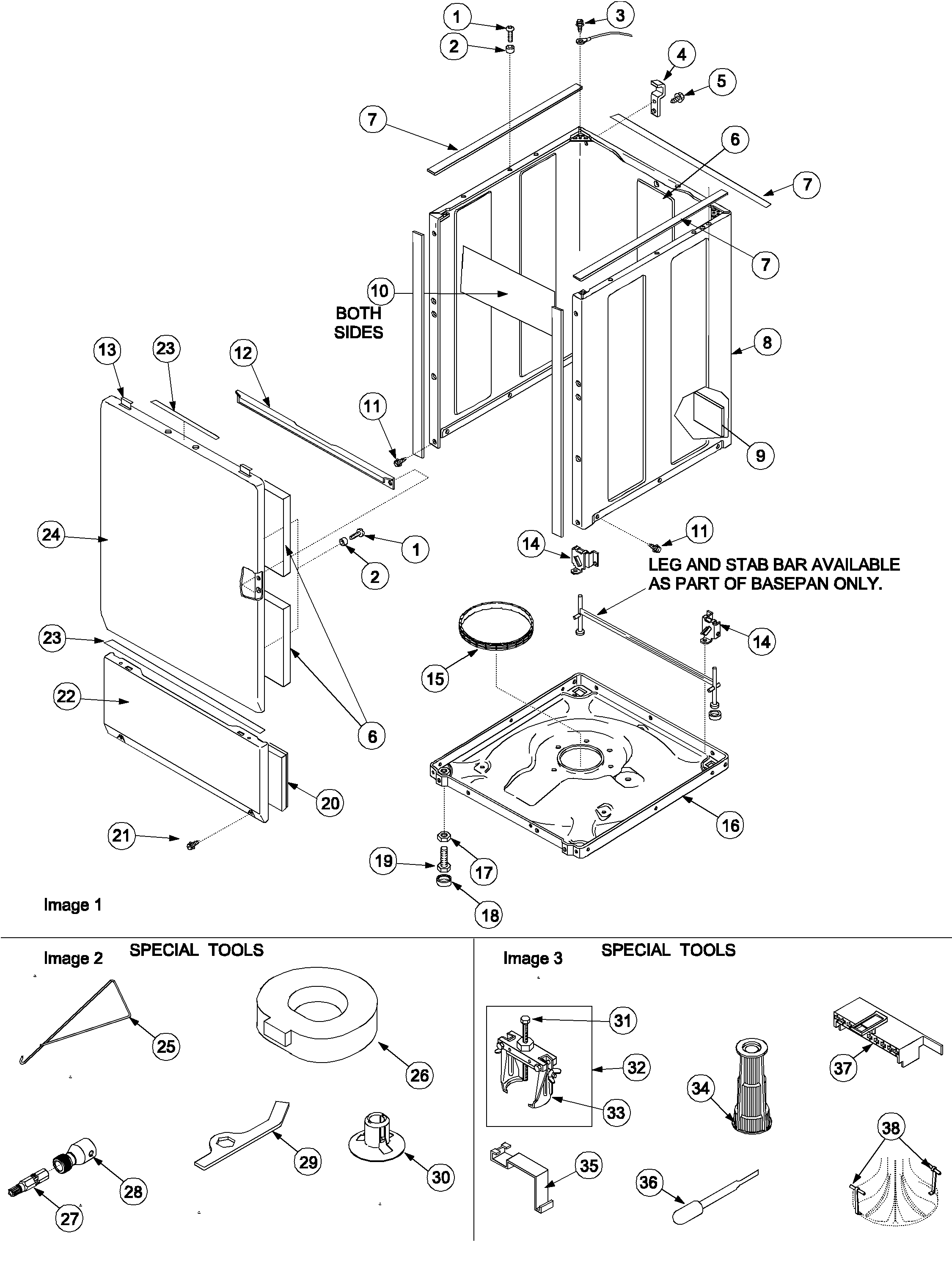 Base, cabinet, front and special tools
