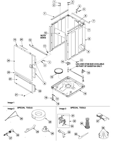Base, cabinet, front and special tools