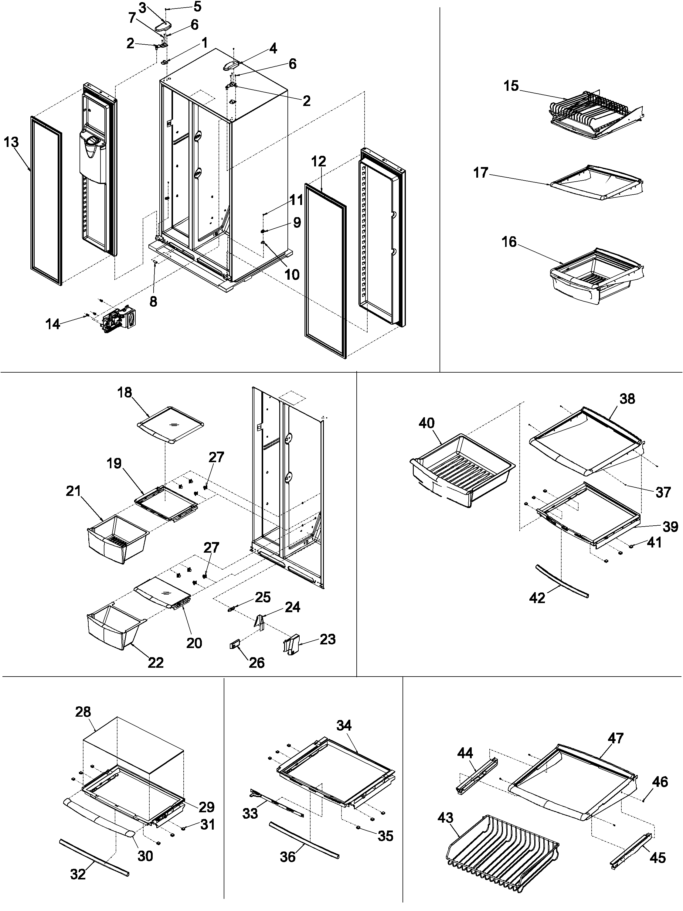 Hinges, & refrigerator shelving