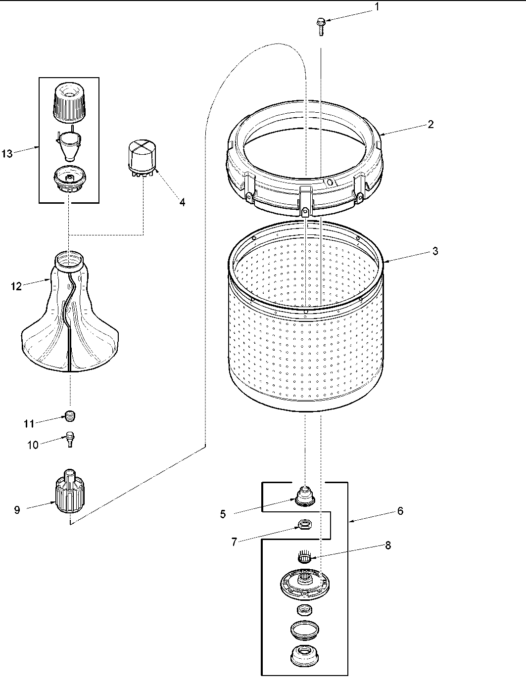 Agitator, drive bell, washtub and hub