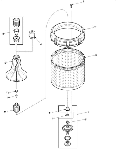 Agitator, drive bell, washtub and hub