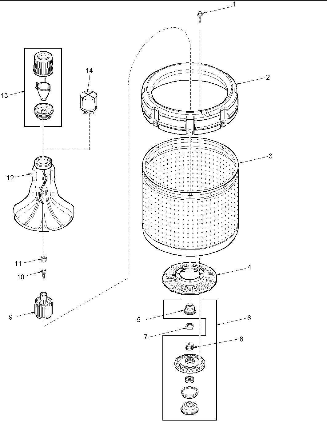 Agitator, drive bell, washtub and hub