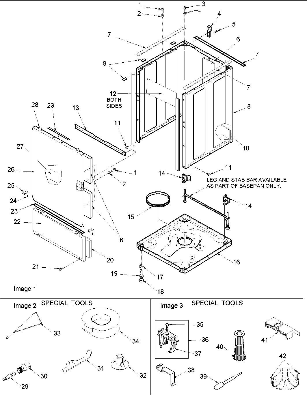 Base, cabinet, front and special tools