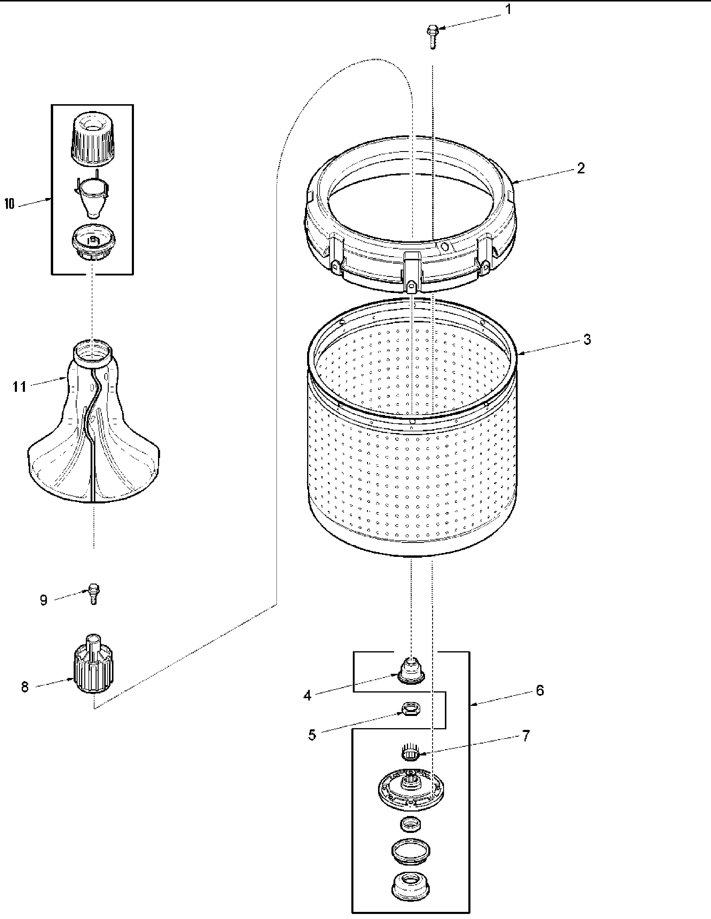 Agitator, drive bell, washtub & hub