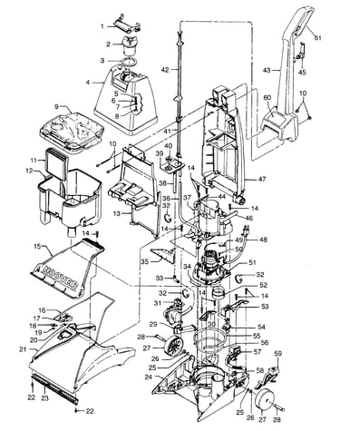 Motor, handle, tank, hood, switch