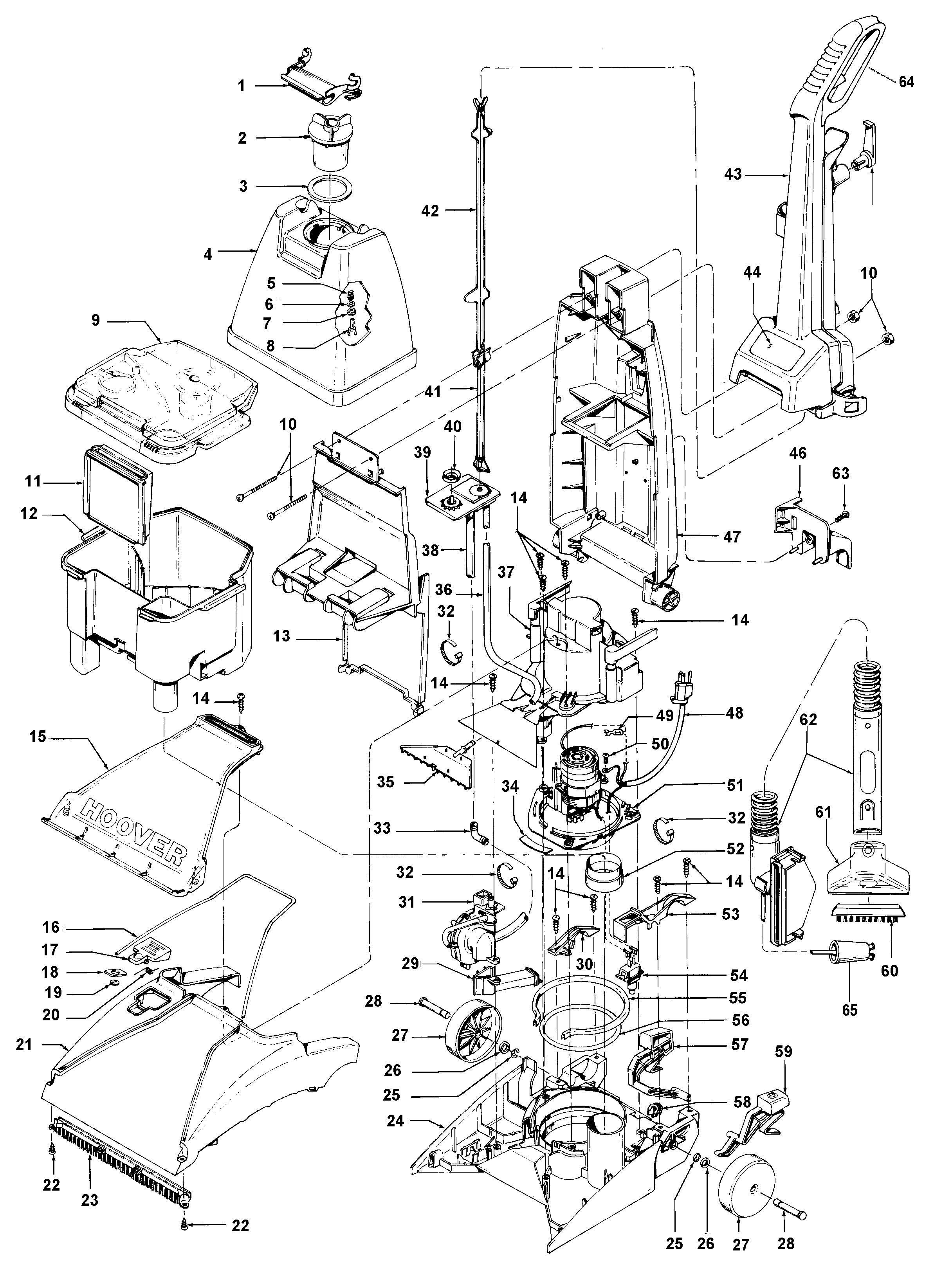 Motor, handle, tank, hood, switch