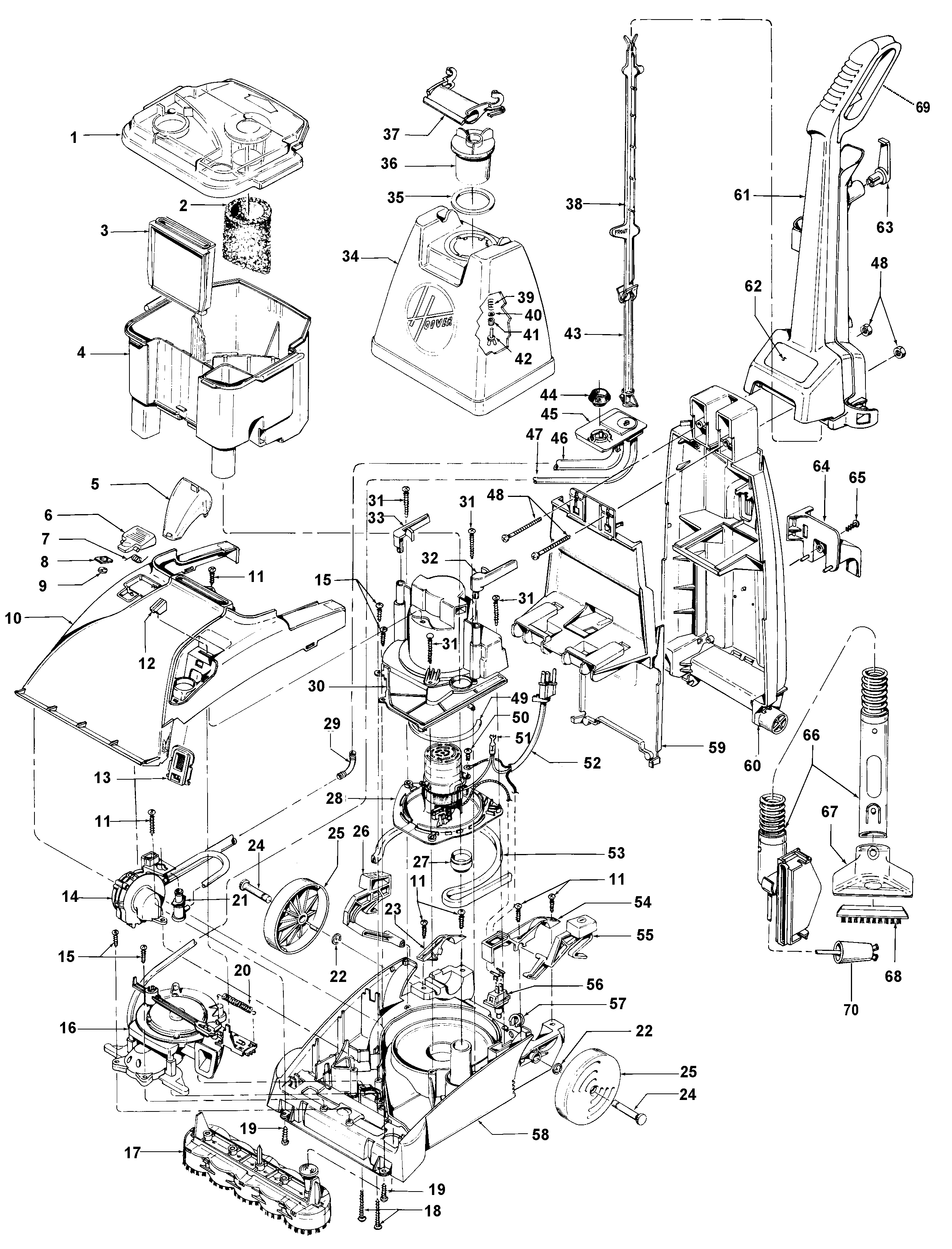 Motor, hose, handle, tank, pump