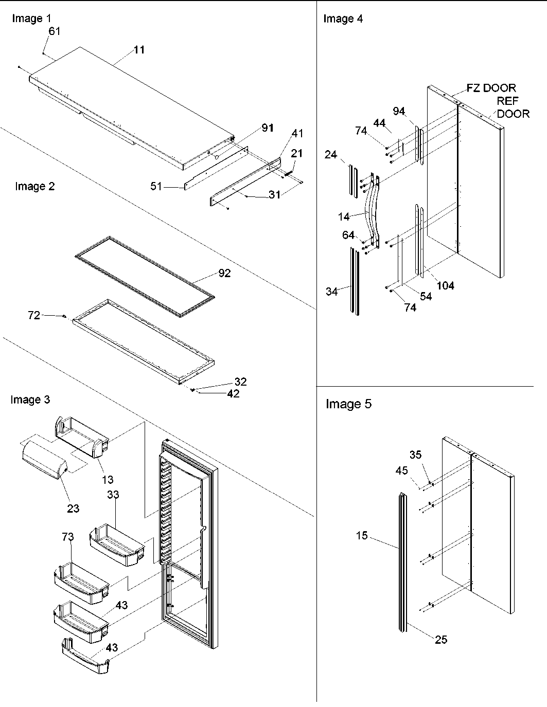 Refrigerator door, trim and handles