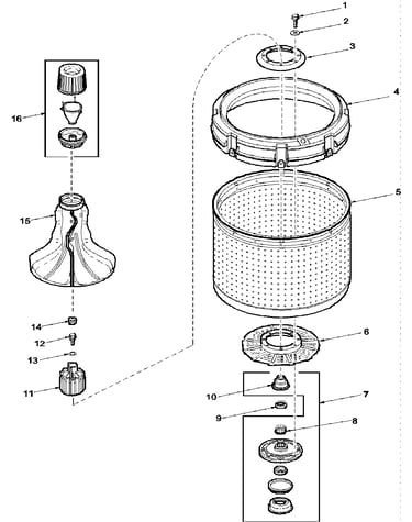 Agitator, drive bell, washtub and hub