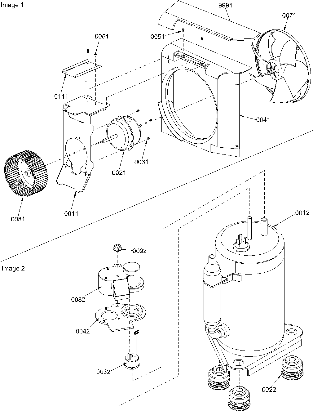 Fan motor assembly/compressor assembly