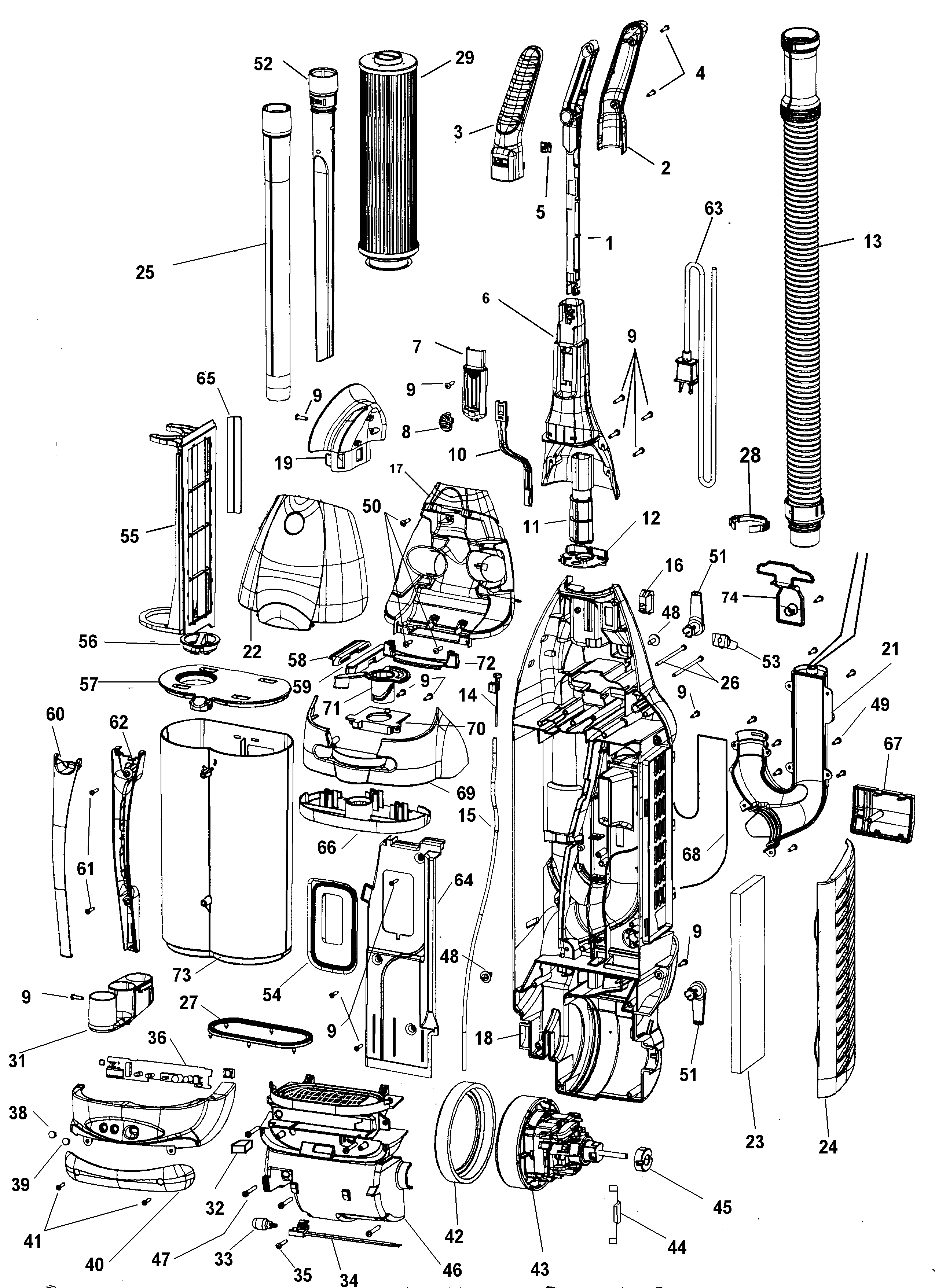 Motor, handle, outerbag, hose