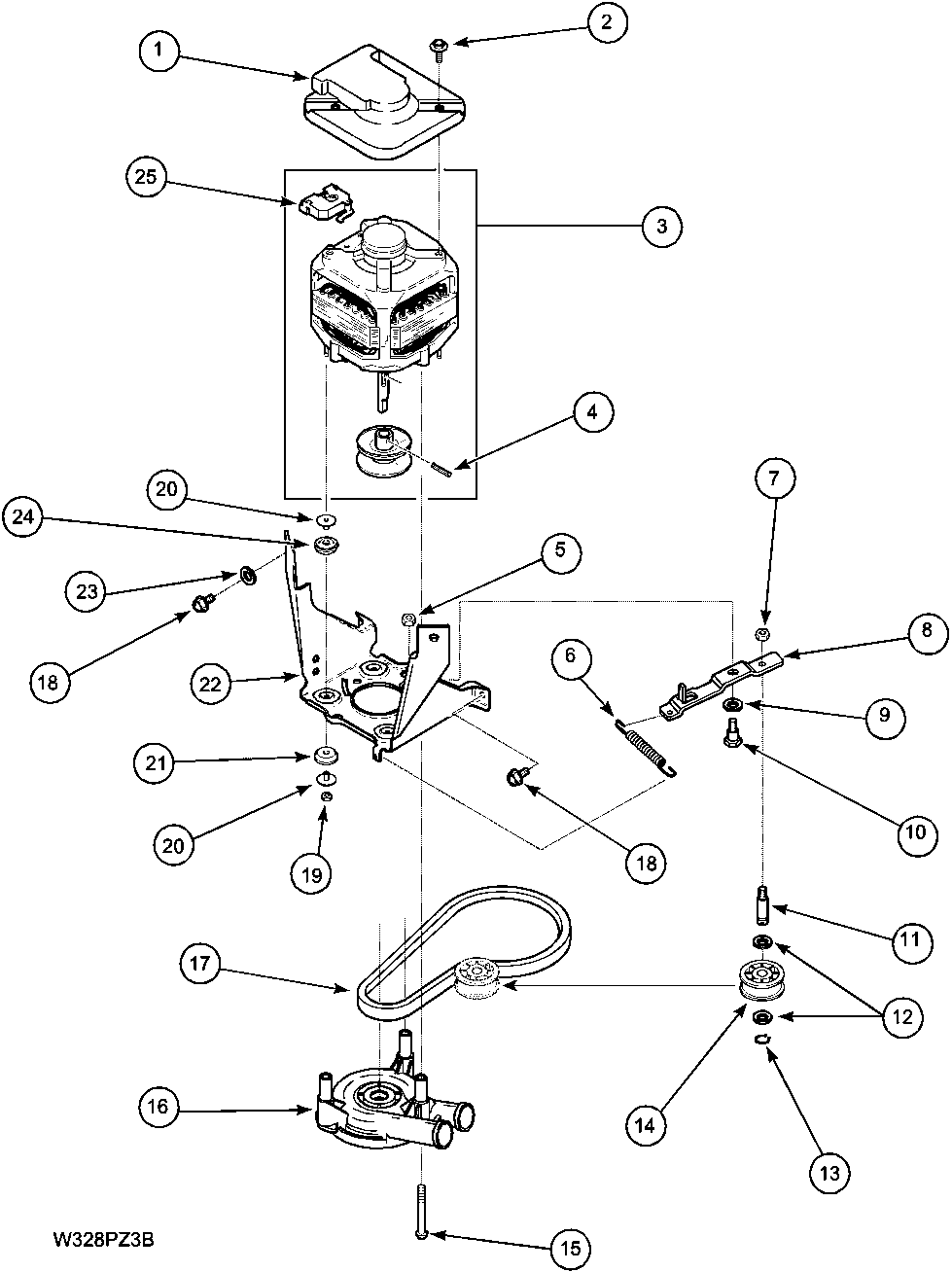 Motor, belt and pump and idler assy
