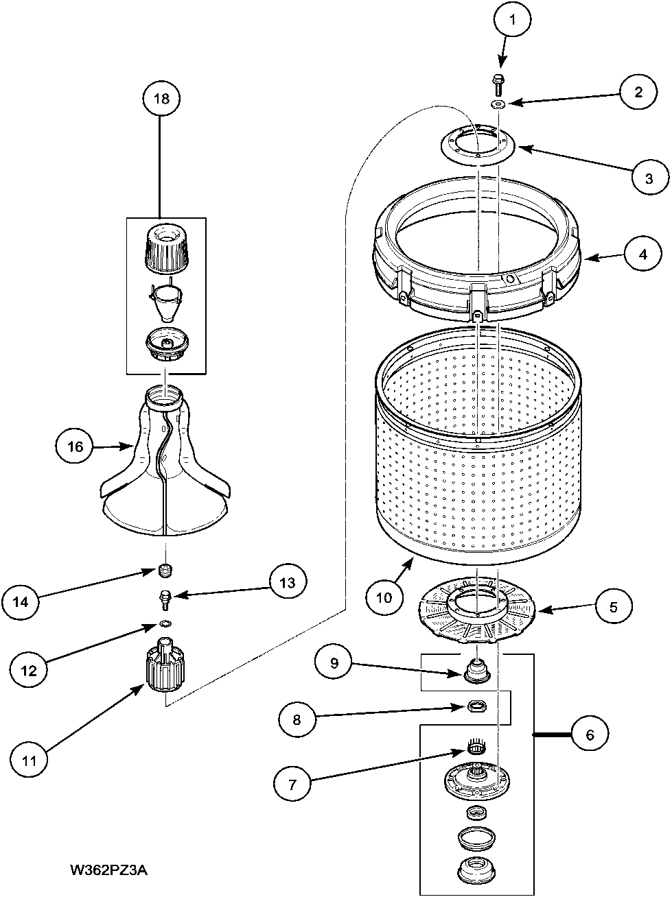 AGITATOR, DRIVE BELL  AND WASH TUB