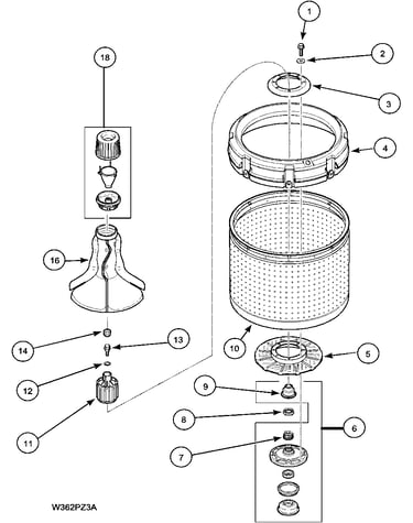 Agitator, drive bell  and wash tub