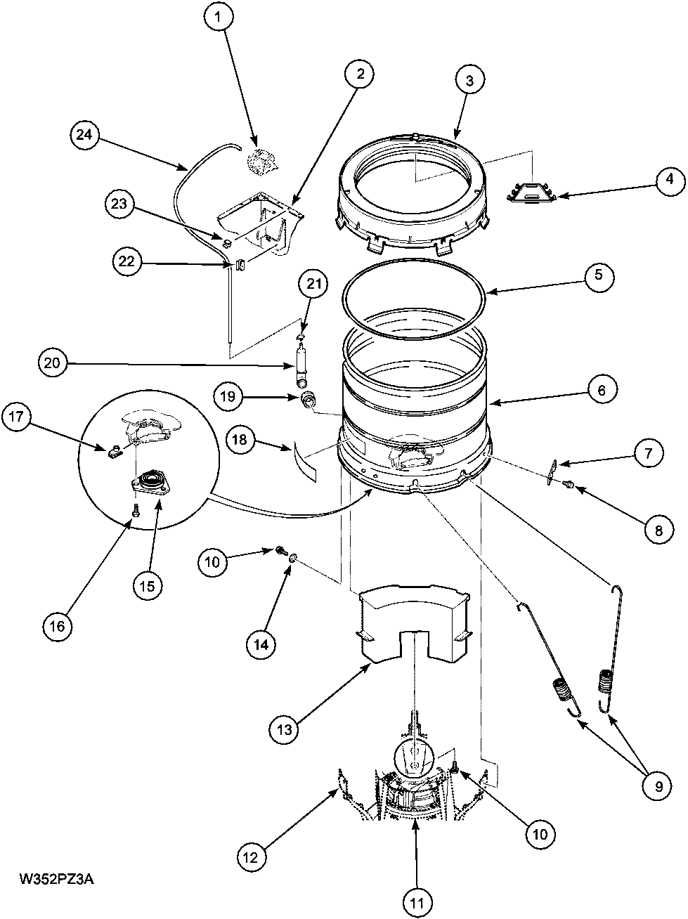Outer tub, cover, pressure hose