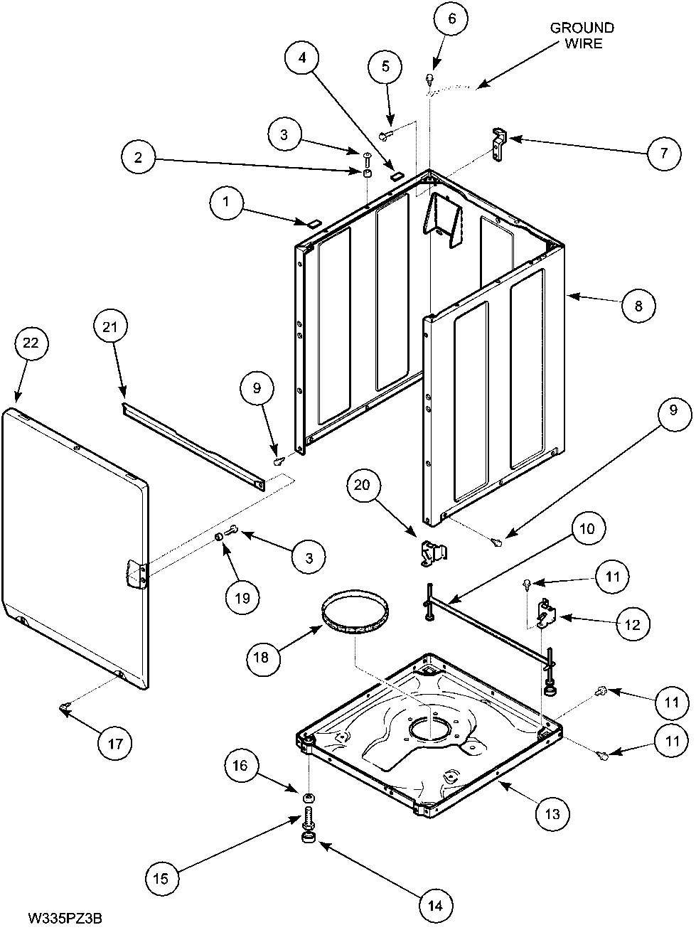 Front panel, base and cabinet assembly
