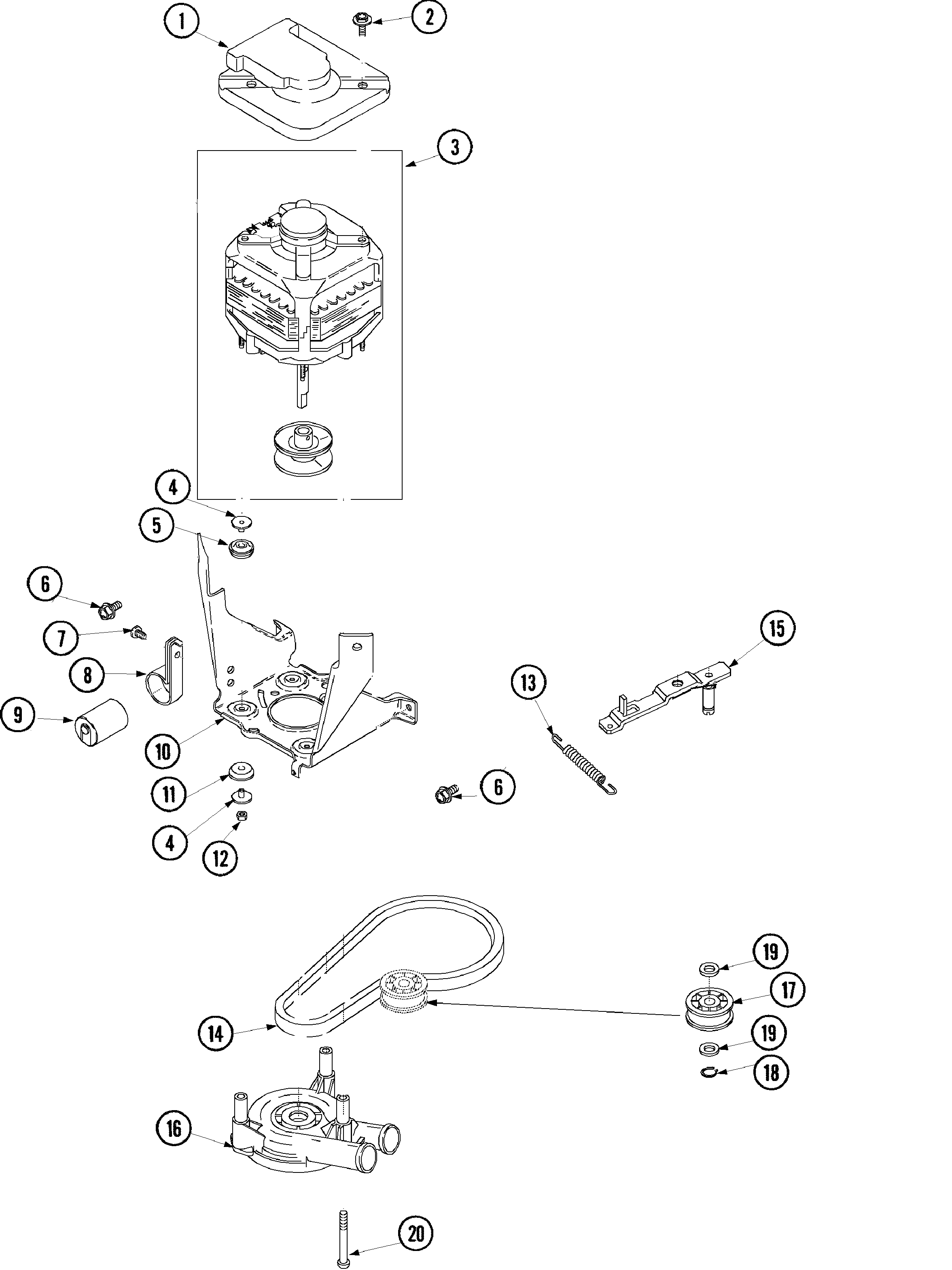Motor, belt, pump and idler